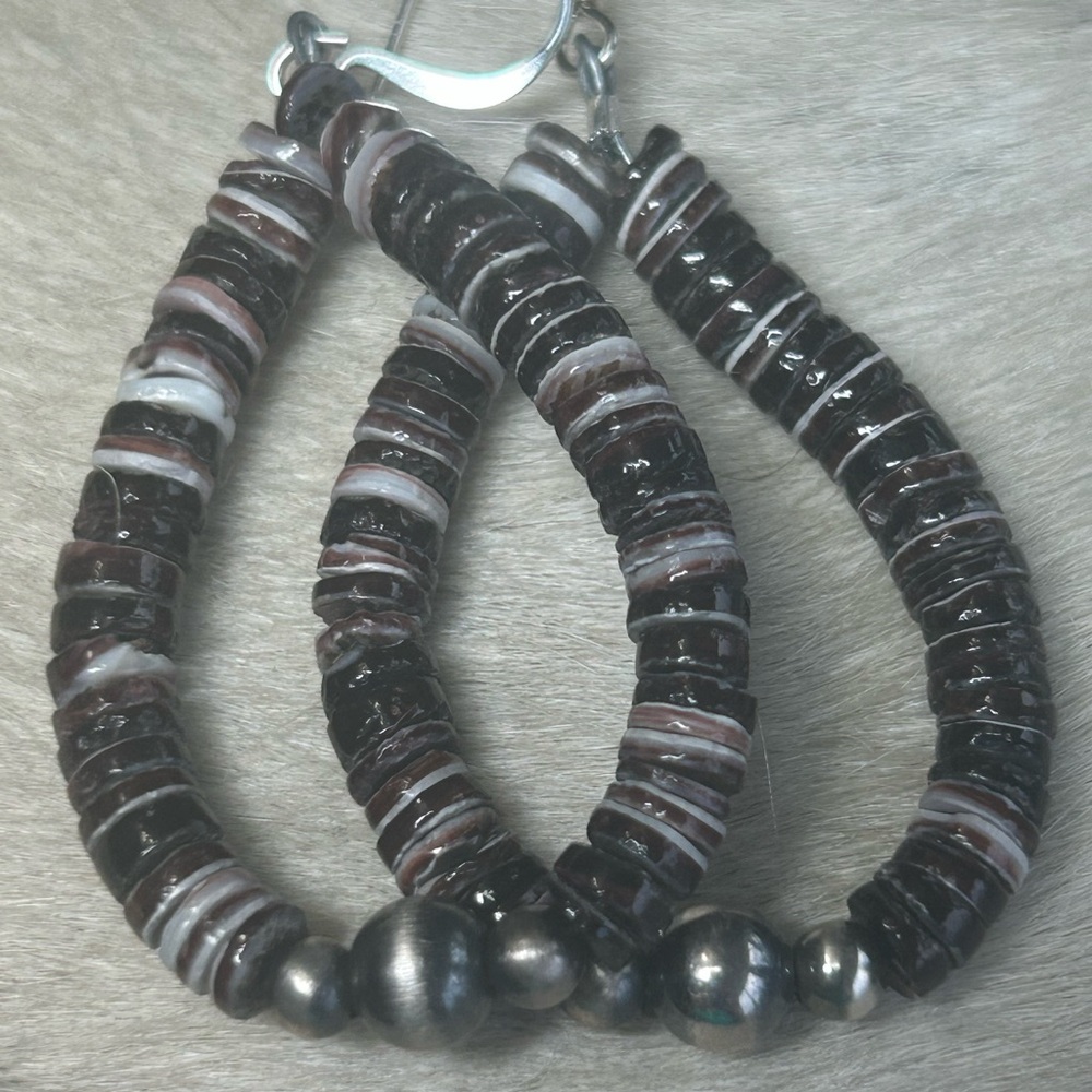 Native American Purple Wampum Heishi Beads & Sterling Silver 2” Dangle Earrings